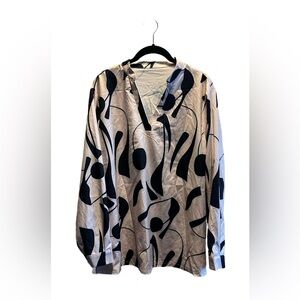 Women’s Long Sleeve V-Neck Shirt in Cream with Black Abstract Print